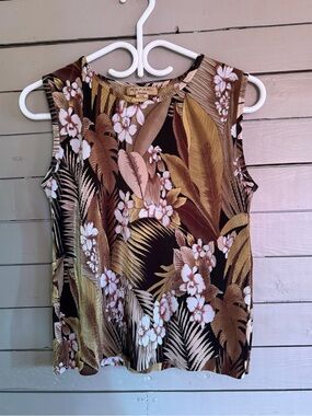 Floral Scoop Neck Tank Top - Brown/Gold